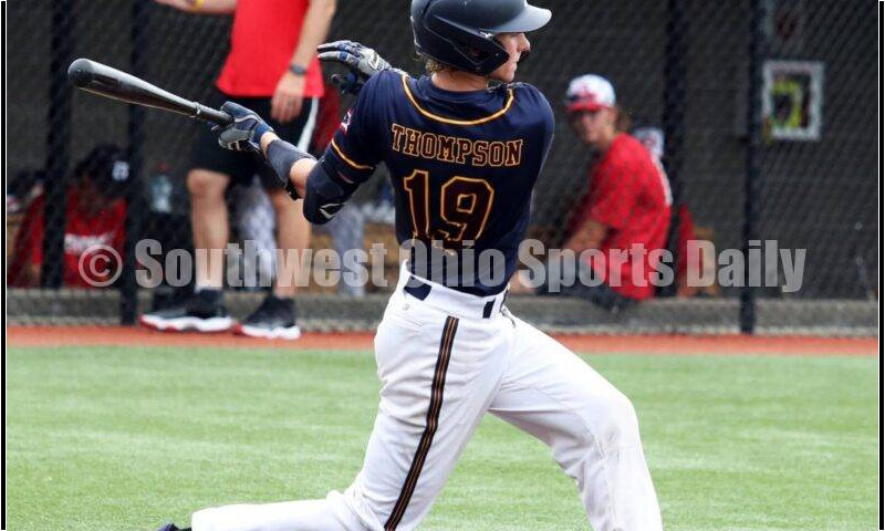 Edgewood High School's Jesse Thompson connects with the ball for Sluggers Baseball Club on June 25, 2021, during Pastime Tournaments' Ohio Valley 17U/18U Wood Bat Classic at New Richmond. The Sluggers lost to the Cincinnati Impact 3-2. RICK CASSANO/STAFF
