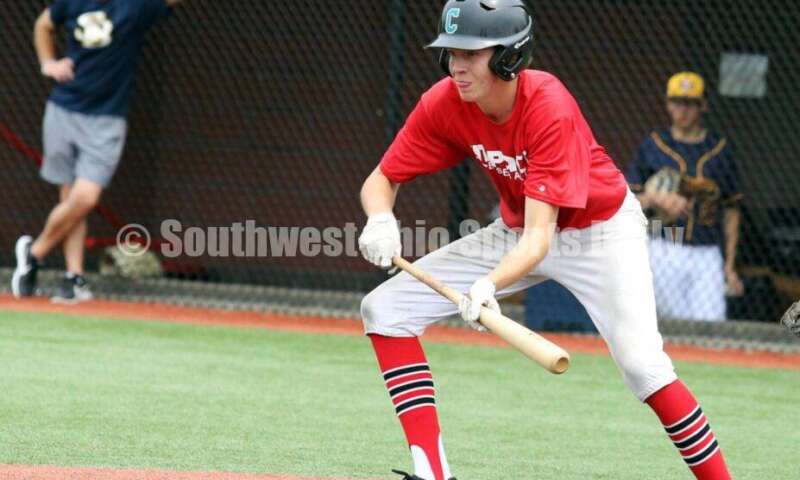 Lakota West High School's Ethan Vaught bunts the ball for the Cincinnati Impact on June 25, 2021, during Pastime Tournaments' Ohio Valley 17U/18U Wood Bat Classic at New Richmond. The Impact beat Sluggers Baseball Club 3-2. RICK CASSANO/STAFF