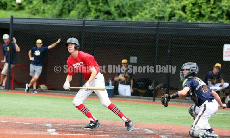 Lakota West High School's Ethan Vaught watches his bunt for the Cincinnati Impact on June 25, 2021, during Pastime Tournaments' Ohio Valley 17U/18U Wood Bat Classic at New Richmond. The Impact beat Sluggers Baseball Club 3-2. RICK CASSANO/STAFF