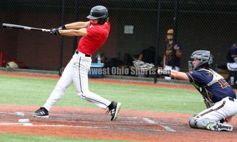 Lakota East High School's Kyle Stoughton takes a cut at the plate for the Cincinnati Impact on June 25, 2021, during Pastime Tournaments' Ohio Valley 17U/18U Wood Bat Classic at New Richmond. The Impact beat Sluggers Baseball Club 3-2. RICK CASSANO/STAFF