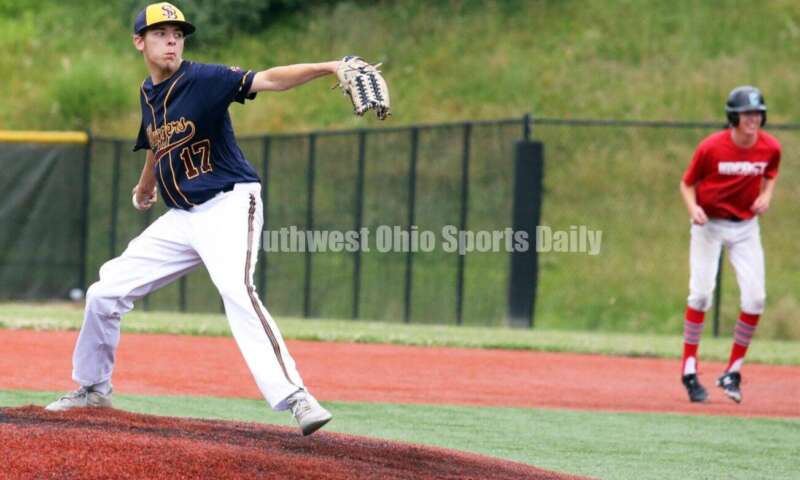 Edgewood High School's Eli Rooney winds up for a pitch for Sluggers Baseball Club on June 25, 2021, during Pastime Tournaments' Ohio Valley 17U/18U Wood Bat Classic at New Richmond. The Sluggers lost to the Cincinnati Impact 3-2. RICK CASSANO/STAFF