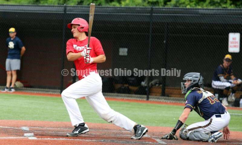 Lakota West High School's Brady Weber keeps his eyes on the ball for the Cincinnati Impact on June 25, 2021, during Pastime Tournaments' Ohio Valley 17U/18U Wood Bat Classic at New Richmond. The Impact beat Sluggers Baseball Club 3-2. RICK CASSANO/STAFF