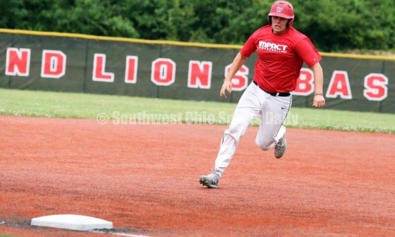 Lakota West High School's Colin Harrington heads toward third base for the Cincinnati Impact on June 25, 2021, during Pastime Tournaments' Ohio Valley 17U/18U Wood Bat Classic at New Richmond. The Impact beat Sluggers Baseball Club 3-2. RICK CASSANO/STAFF