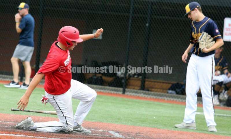 Lakota West High School's Colin Harrington scores a run for the Cincinnati Impact on June 25, 2021, during Pastime Tournaments' Ohio Valley 17U/18U Wood Bat Classic at New Richmond. The Impact beat Sluggers Baseball Club 3-2. RICK CASSANO/STAFF