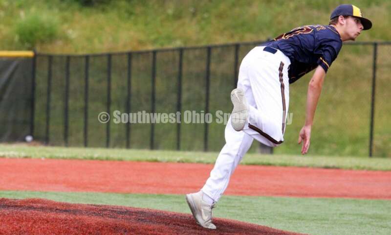 Edgewood High School's Eli Rooney throws a pitch for Sluggers Baseball Club on June 25, 2021, during Pastime Tournaments' Ohio Valley 17U/18U Wood Bat Classic at New Richmond. The Sluggers lost to the Cincinnati Impact 3-2. RICK CASSANO/STAFF