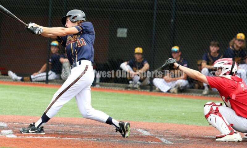 Badin High School's Mark Holderbach takes a big cut at the plate for Sluggers Baseball Club on June 25, 2021, during Pastime Tournaments' Ohio Valley 17U/18U Wood Bat Classic at New Richmond. The Sluggers lost to the Cincinnati Impact 3-2. RICK CASSANO/STAFF