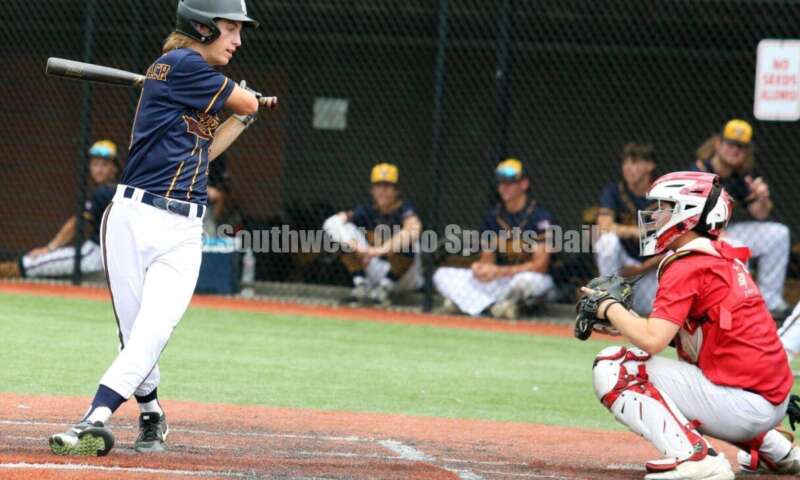 Badin High School's Mark Holderbach takes a big swing for Sluggers Baseball Club on June 25, 2021, during Pastime Tournaments' Ohio Valley 17U/18U Wood Bat Classic at New Richmond. The Sluggers lost to the Cincinnati Impact 3-2. RICK CASSANO/STAFF