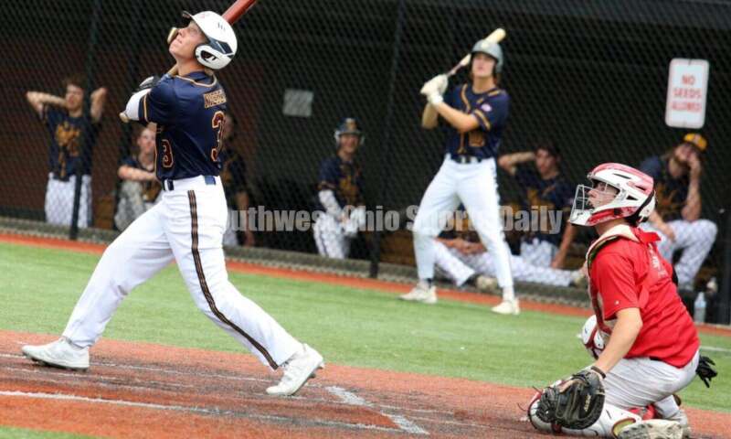 Badin High School's Jackson Niesen watches his fly ball for Sluggers Baseball Club on June 25, 2021, during Pastime Tournaments' Ohio Valley 17U/18U Wood Bat Classic at New Richmond. The Sluggers lost to the Cincinnati Impact 3-2. RICK CASSANO/STAFF