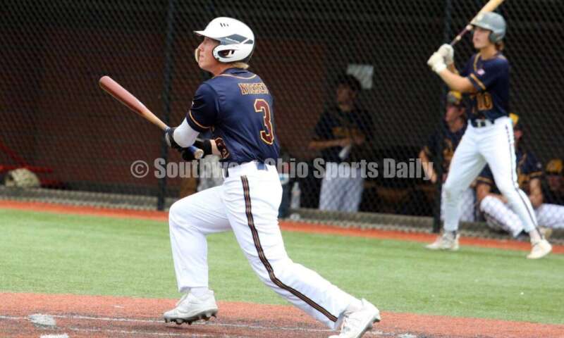 Badin High School's Jackson Niesen connects with the ball for Sluggers Baseball Club on June 25, 2021, during Pastime Tournaments' Ohio Valley 17U/18U Wood Bat Classic at New Richmond. The Sluggers lost to the Cincinnati Impact 3-2. RICK CASSANO/STAFF