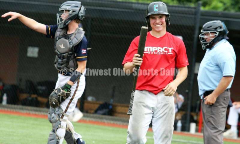 Lakota East High School's Will Becker reacts to a pitch for the Cincinnati Impact on June 25, 2021, during Pastime Tournaments' Ohio Valley 17U/18U Wood Bat Classic at New Richmond. The Impact beat Sluggers Baseball Club 3-2. RICK CASSANO/STAFF