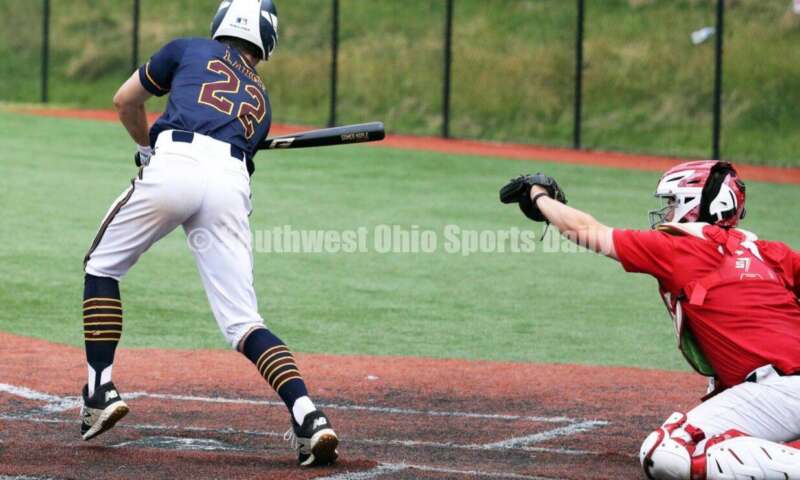 Edgewood High School's Jake Lange holds up on a pitch for Sluggers Baseball Club on June 25, 2021, during Pastime Tournaments' Ohio Valley 17U/18U Wood Bat Classic at New Richmond. The Sluggers lost to the Cincinnati Impact 3-2. RICK CASSANO/STAFF