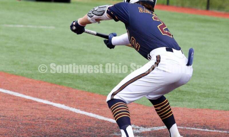 Edgewood High School's Kaden Davidson bunts the ball for Sluggers Baseball Club on June 25, 2021, during Pastime Tournaments' Ohio Valley 17U/18U Wood Bat Classic at New Richmond. The Sluggers lost to the Cincinnati Impact 3-2. RICK CASSANO/STAFF