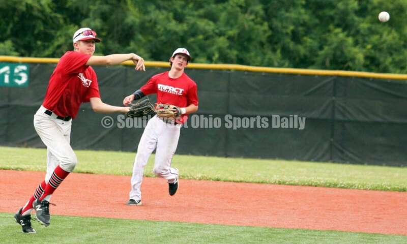 Lakota West High School third baseman Ethan Vaught throws to first base for the Cincinnati Impact on June 25, 2021, during Pastime Tournaments' Ohio Valley 17U/18U Wood Bat Classic at New Richmond. The Impact beat Sluggers Baseball Club 3-2. RICK CASSANO/STAFF