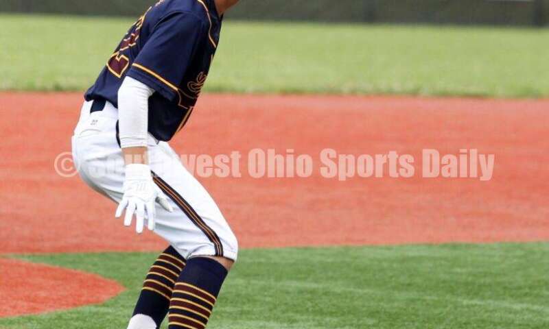 Edgewood High School's Jake Lange leads off third base for Sluggers Baseball Club on June 25, 2021, during Pastime Tournaments' Ohio Valley 17U/18U Wood Bat Classic at New Richmond. The Sluggers lost to the Cincinnati Impact 3-2. RICK CASSANO/STAFF
