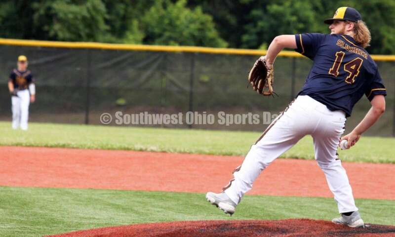 Reading High School's Chase Slusher winds up for a pitch for Sluggers Baseball Club on June 25, 2021, during Pastime Tournaments' Ohio Valley 17U/18U Wood Bat Classic at New Richmond. The Sluggers lost to the Cincinnati Impact 3-2. RICK CASSANO/STAFF