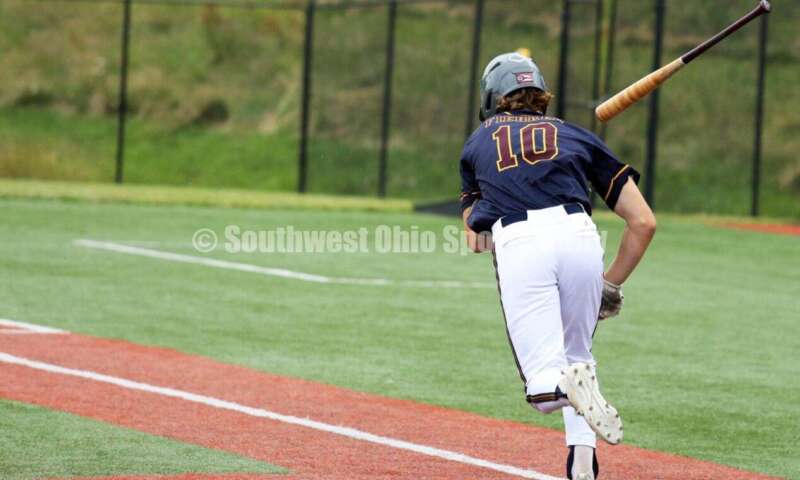 Badin High School's Cooper Fiehrer heads toward first base for Sluggers Baseball Club on June 25, 2021, during Pastime Tournaments' Ohio Valley 17U/18U Wood Bat Classic at New Richmond. The Sluggers lost to the Cincinnati Impact 3-2. RICK CASSANO/STAFF