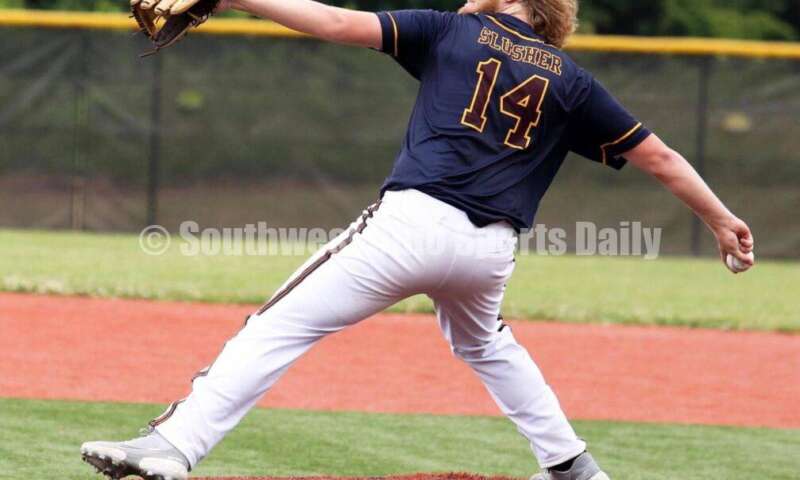 Reading High School's Chase Slusher winds up for a pitch for Sluggers Baseball Club on June 25, 2021, during Pastime Tournaments' Ohio Valley 17U/18U Wood Bat Classic at New Richmond. The Sluggers lost to the Cincinnati Impact 3-2. RICK CASSANO/STAFF