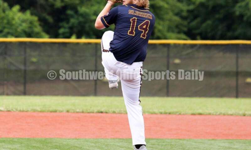 Reading High School's Chase Slusher winds up for a pitch for Sluggers Baseball Club on June 25, 2021, during Pastime Tournaments' Ohio Valley 17U/18U Wood Bat Classic at New Richmond. The Sluggers lost to the Cincinnati Impact 3-2. RICK CASSANO/STAFF