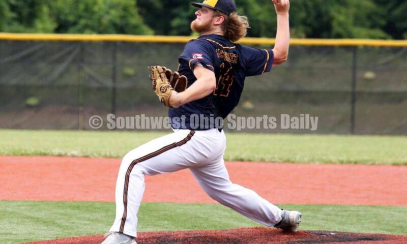 Reading High School's Chase Slushers winds up for a pitch for Sluggers Baseball Club on June 25, 2021, during Pastime Tournaments' Ohio Valley 17U/18U Wood Bat Classic at New Richmond. The Sluggers lost to the Cincinnati Impact 3-2. RICK CASSANO/STAFF