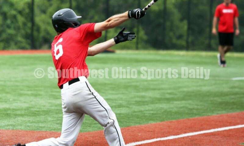 Lakota East High School's Kyle Stoughton takes a cut at the plate for the Cincinnati Impact on June 25, 2021, during Pastime Tournaments' Ohio Valley 17U/18U Wood Bat Classic at New Richmond. The Impact beat Sluggers Baseball Club 3-2. RICK CASSANO/STAFF