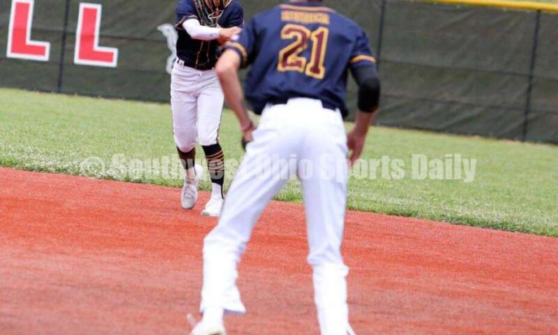 Edgewood High School's Kaden Davidson throws to Roger Bacon's Logan Huber for Sluggers Baseball Club on June 25, 2021, during Pastime Tournaments' Ohio Valley 17U/18U Wood Bat Classic at New Richmond. The Sluggers lost to the Cincinnati Impact 3-2. RICK CASSANO/STAFF