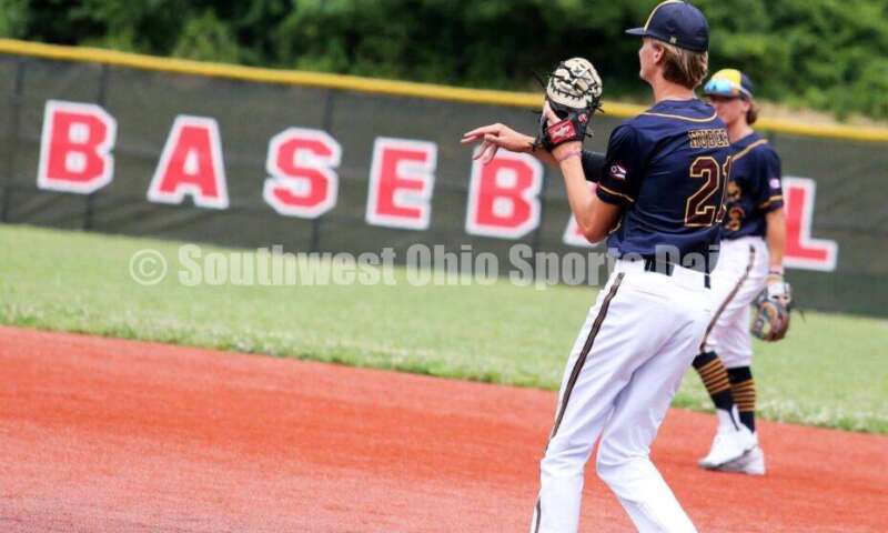 Roger Bacon High School's Logan Huber (21) makes a throw from first base for Sluggers Baseball Club on June 25, 2021, during Pastime Tournaments' Ohio Valley 17U/18U Wood Bat Classic at New Richmond. The Sluggers lost to the Cincinnati Impact 3-2. RICK CASSANO/STAFF