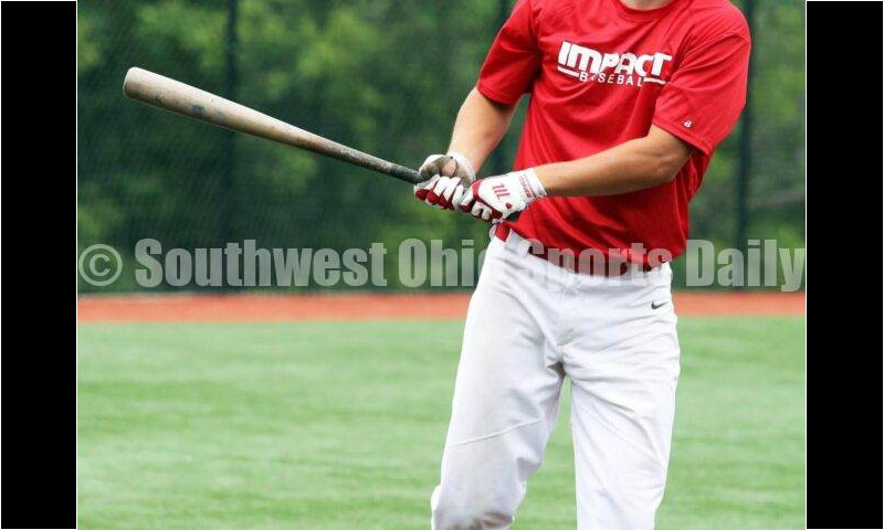 Lakota West High School's Brady Weber watches a foul ball for the Cincinnati Impact on June 25, 2021, during Pastime Tournaments' Ohio Valley 17U/18U Wood Bat Classic at New Richmond. The Impact beat Sluggers Baseball Club 3-2. RICK CASSANO/STAFF