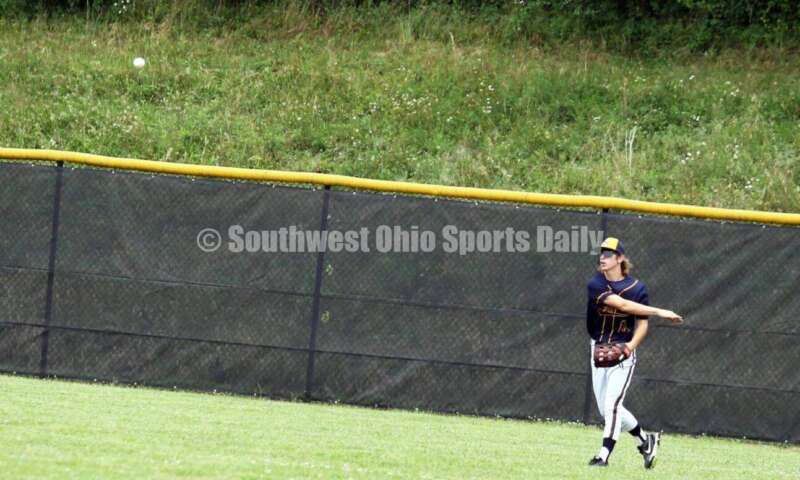 Badin High School's Mark Holderbach makes a throw from right field for Sluggers Baseball Club on June 25, 2021, during Pastime Tournaments' Ohio Valley 17U/18U Wood Bat Classic at New Richmond. The Sluggers lost to the Cincinnati Impact 3-2. RICK CASSANO/STAFF