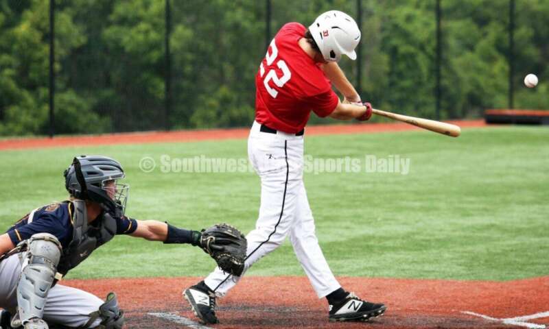 Lakota West High School's Jacob Beall connects with the ball for the Cincinnati Impact on June 25, 2021, during Pastime Tournaments' Ohio Valley 17U/18U Wood Bat Classic at New Richmond. The Impact beat Sluggers Baseball Club 3-2. RICK CASSANO/STAFF