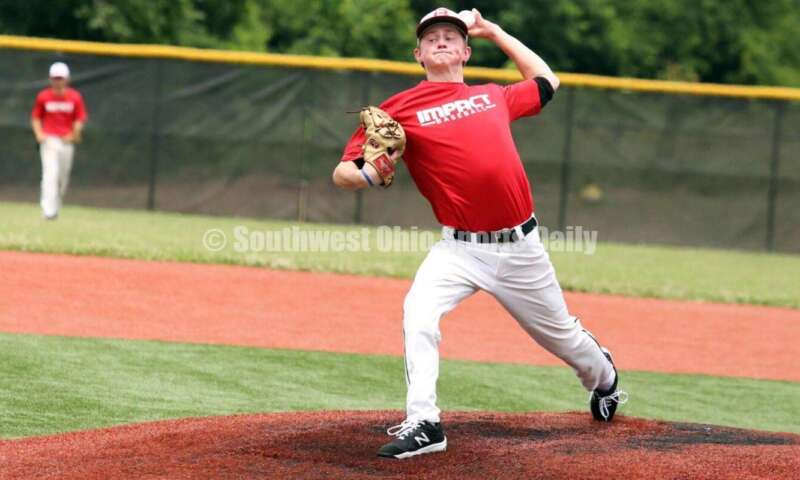 Lakota West High School's Connor Crowley delivers a pitch for the Cincinnati Impact on June 25, 2021, during Pastime Tournaments' Ohio Valley 17U/18U Wood Bat Classic at New Richmond. The Impact beat Sluggers Baseball Club 3-2. RICK CASSANO/STAFF