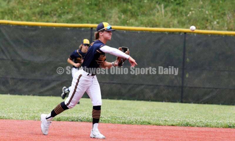 Edgewood High School's Kaden Davidson makes a throw to first base for Sluggers Baseball Club on June 25, 2021, during Pastime Tournaments' Ohio Valley 17U/18U Wood Bat Classic at New Richmond. The Sluggers lost to the Cincinnati Impact 3-2. RICK CASSANO/STAFF