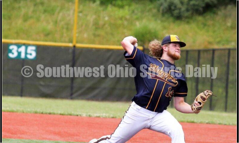 Reading High School's Chase Slusher delivers a pitch for Sluggers Baseball Club on June 25, 2021, during Pastime Tournaments' Ohio Valley 17U/18U Wood Bat Classic at New Richmond. The Sluggers lost to the Cincinnati Impact 3-2. RICK CASSANO/STAFF