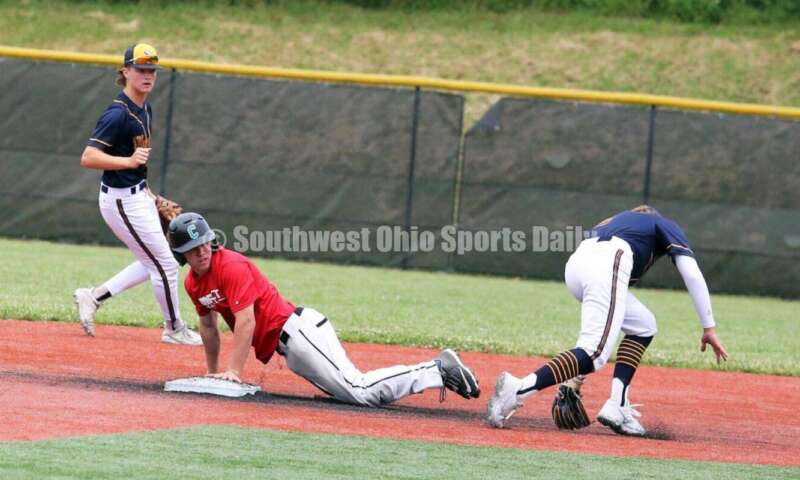 Edgewood High School's Kaden Davidson is late with the tag for Sluggers Baseball Club as Lakota East's Will Becker slides into second base for the Cincinnati Impact on June 25, 2021, during Pastime Tournaments' Ohio Valley 17U/18U Wood Bat Classic at New Richmond. The Sluggers lost to the Impact 3-2. RICK CASSANO/STAFF