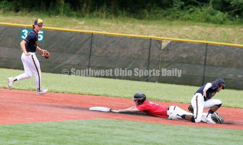 Edgewood High School's Kaden Davidson is late with the tag for Sluggers Baseball Club as Lakota East's Will Becker slides into second base for the Cincinnati Impact on June 25, 2021, during Pastime Tournaments' Ohio Valley 17U/18U Wood Bat Classic at New Richmond. The Sluggers lost to the Impact 3-2. RICK CASSANO/STAFF
