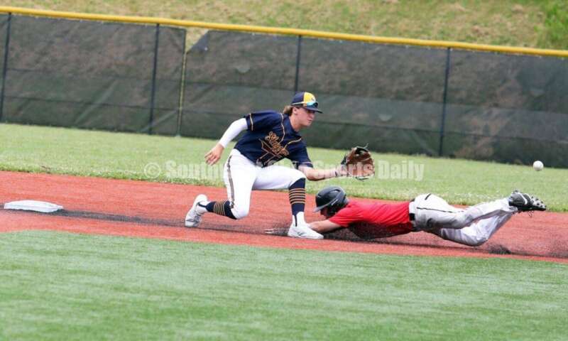 Edgewood High School's Kaden Davidson eyes a throw for Sluggers Baseball Club as Lakota East's Will Becker slides into second base for the Cincinnati Impact on June 25, 2021, during Pastime Tournaments' Ohio Valley 17U/18U Wood Bat Classic at New Richmond. The Sluggers lost to the Cincinnati Impact 3-2. RICK CASSANO/STAFF