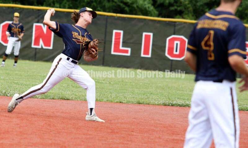 Badin High School's Cooper Fiehrer winds up for a throw from shortstop for Sluggers Baseball Club on June 25, 2021, during Pastime Tournaments' Ohio Valley 17U/18U Wood Bat Classic at New Richmond. The Sluggers lost to the Cincinnati Impact 3-2. RICK CASSANO/STAFF