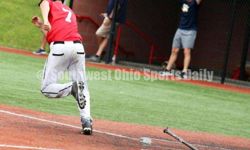 Lakota East High School's Will Becker heads up the first-base line for the Cincinnati Impact on June 25, 2021, during Pastime Tournaments' Ohio Valley 17U/18U Wood Bat Classic at New Richmond. The Impact beat Sluggers Baseball Club 3-2. RICK CASSANO/STAFF