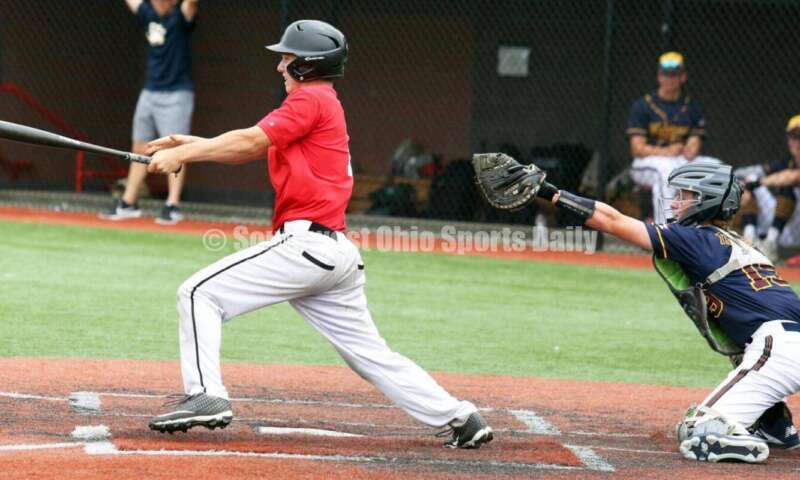 Lakota East High School's Will Becker connects with the ball for the Cincinnati Impact on June 25, 2021, during Pastime Tournaments' Ohio Valley 17U/18U Wood Bat Classic at New Richmond. The Impact beat Sluggers Baseball Club 3-2. RICK CASSANO/STAFF