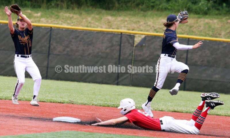 Edgewood High School's Kaden Davidson (right) and Badin's Cooper Fiehrer (left) reach for a throw for Sluggers Baseball Club as Lakota West's Ethan Vaught slides into second base for the Cincinnati Impact on June 25, 2021, during Pastime Tournaments' Ohio Valley 17U/18U Wood Bat Classic at New Richmond. The Sluggers lost to the Impact 3-2. RICK CASSANO/STAFF