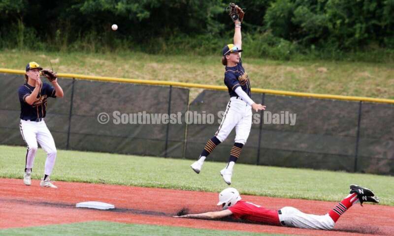 Edgewood High School's Kaden Davidson reaches for a throw for Sluggers Baseball Club as Lakota West's Ethan Vaught slides into second base for the Cincinnati Impact on June 25, 2021, during Pastime Tournaments' Ohio Valley 17U/18U Wood Bat Classic at New Richmond. The Sluggers lost to the Impact 3-2. RICK CASSANO/STAFF