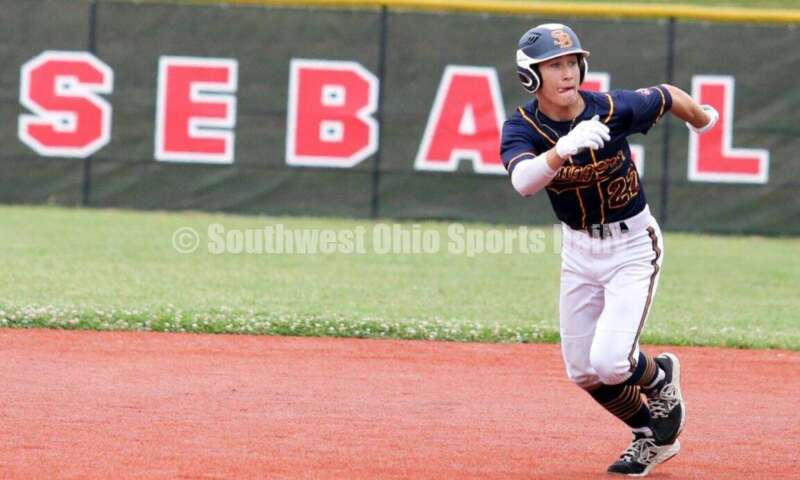 Edgewood High School's Jake Lange takes off from second base for Sluggers Baseball Club on June 25, 2021, during Pastime Tournaments' Ohio Valley 17U/18U Wood Bat Classic at New Richmond. The Sluggers lost to the Cincinnati Impact 3-2. RICK CASSANO/STAFF