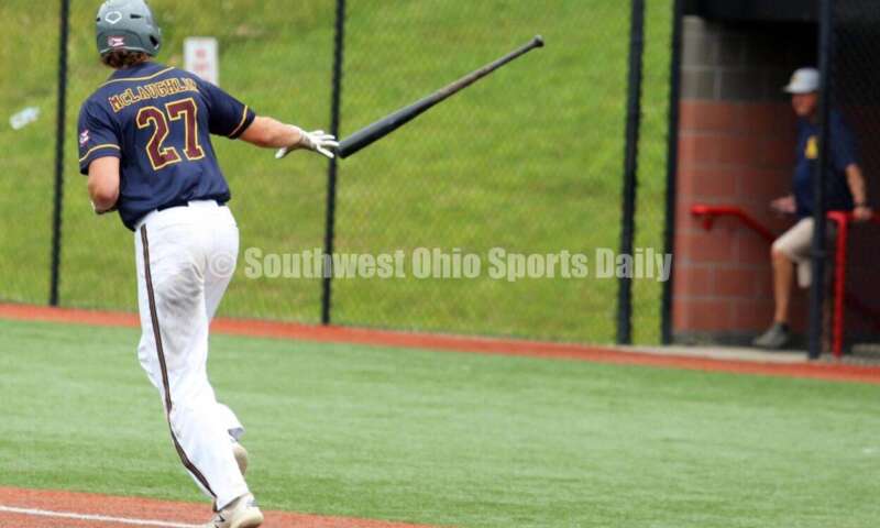 Badin High School's Luke McLaughlin heads to first base after drawing a walk for Sluggers Baseball Club on June 25, 2021, during Pastime Tournaments' Ohio Valley 17U/18U Wood Bat Classic at New Richmond. The Sluggers lost to the Cincinnati Impact 3-2. RICK CASSANO/STAFF