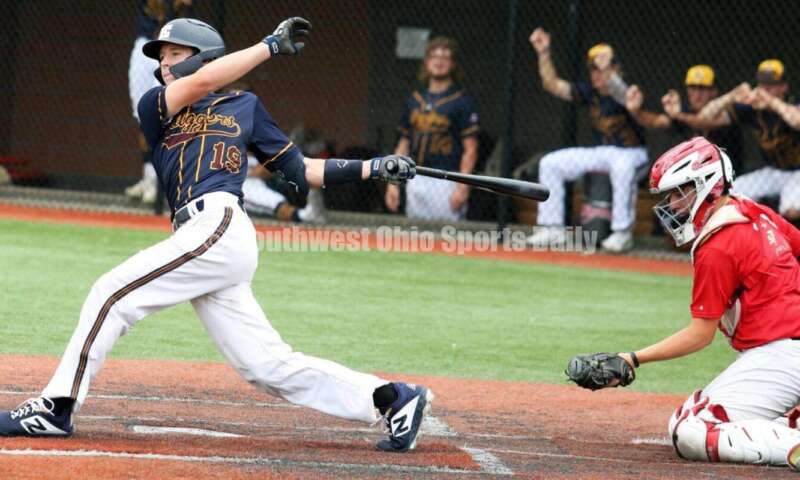 Edgewood High School's Jesse Thompson takes a cut at the plate for Sluggers Baseball Club on June 25, 2021, during Pastime Tournaments' Ohio Valley 17U/18U Wood Bat Classic at New Richmond. The Sluggers lost to the Cincinnati Impact 3-2. RICK CASSANO/STAFF