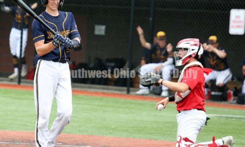 Edgewood High School's Jesse Thompson reacts to a pitch for Sluggers Baseball Club on June 25, 2021, during Pastime Tournaments' Ohio Valley 17U/18U Wood Bat Classic at New Richmond. The Sluggers lost to the Cincinnati Impact 3-2. RICK CASSANO/STAFF