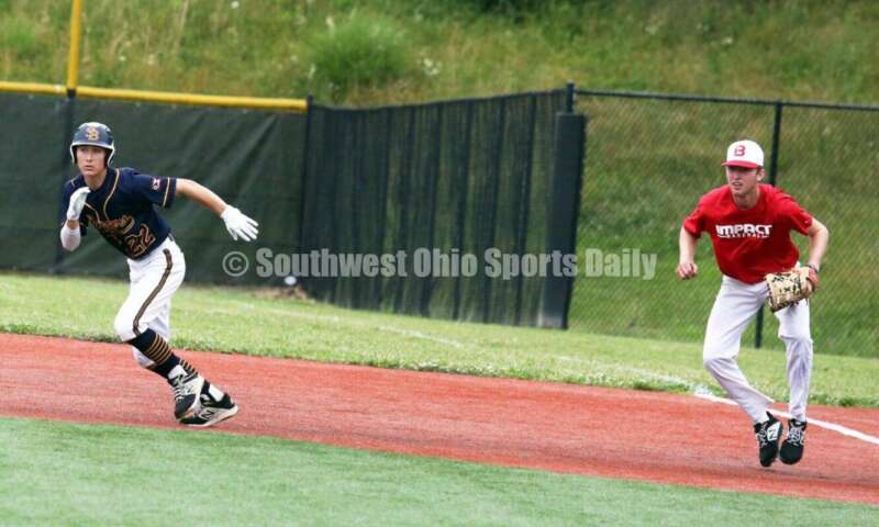 Lakota West High School's Tim Moore plays first base for the Cincinnati Impact as Edgewood's Jake Lange leads off for Sluggers Baseball Club on June 25, 2021, during Pastime Tournaments' Ohio Valley 17U/18U Wood Bat Classic at New Richmond. The Impact won 3-2. RICK CASSANO/STAFF