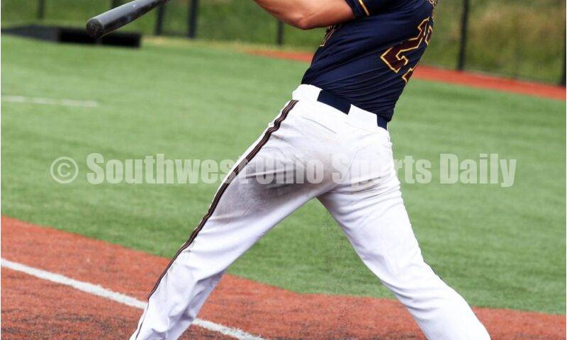 Badin High School's Luke McLaughlin connects with the ball for Sluggers Baseball Club on June 25, 2021, during Pastime Tournaments' Ohio Valley 17U/18U Wood Bat Classic at New Richmond. The Sluggers lost to the Cincinnati Impact 3-2. RICK CASSANO/STAFF