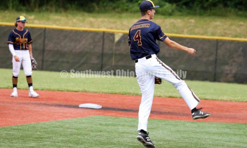 Badin High School's Ben Marischen follows through on a throw to first base for Sluggers Baseball Club on June 25, 2021, during Pastime Tournaments' Ohio Valley 17U/18U Wood Bat Classic at New Richmond. The Sluggers lost to the Cincinnati Impact 3-2. RICK CASSANO/STAFF