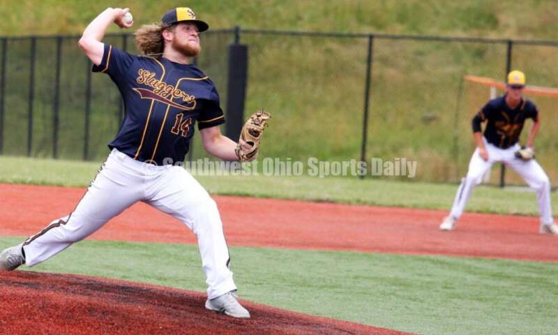 Reading High School's Chase Slusher throws a pitch for Sluggers Baseball Club on June 25, 2021, during Pastime Tournaments' Ohio Valley 17U/18U Wood Bat Classic at New Richmond. The Sluggers lost to the Cincinnati Impact 3-2. RICK CASSANO/STAFF