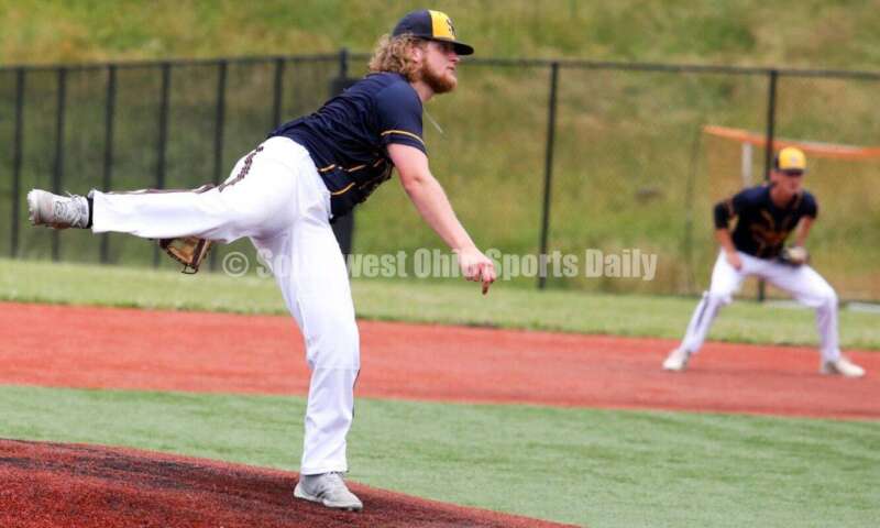 Reading High School's Chase Slusher delivers a pitch for Sluggers Baseball Club on June 25, 2021, during Pastime Tournaments' Ohio Valley 17U/18U Wood Bat Classic at New Richmond. The Sluggers lost to the Cincinnati Impact 3-2. RICK CASSANO/STAFF