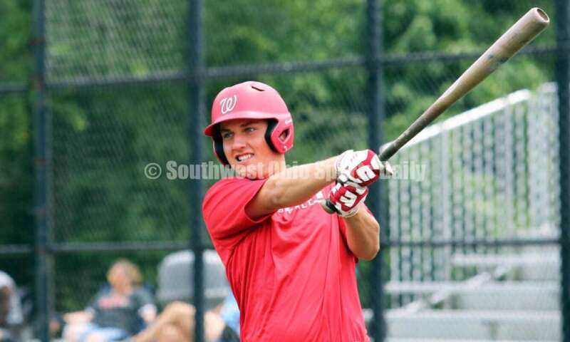 Lakota West High School's Brady Weber takes a warmup swing for the Cincinnati Impact on June 25, 2021, during Pastime Tournaments' Ohio Valley 17U/18U Wood Bat Classic at New Richmond. The Impact beat Sluggers Baseball Club 3-2. RICK CASSANO/STAFF